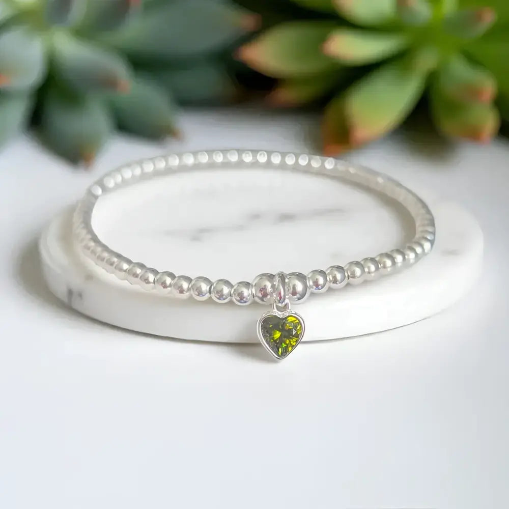 Sterling Silver August Peridot Heart Birthstone Beaded Bracelet
