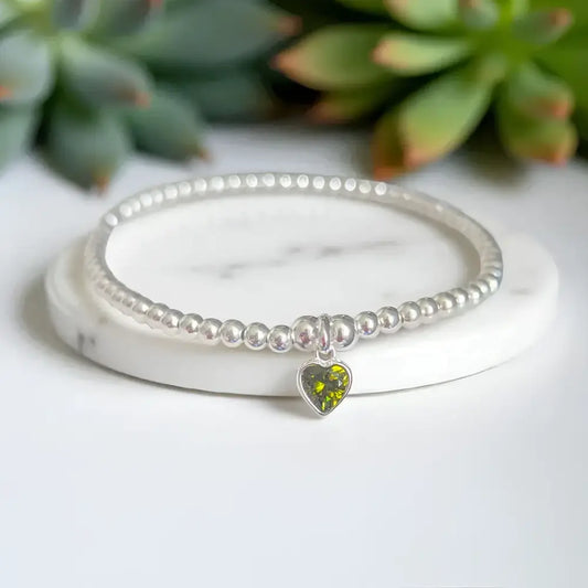 Sterling Silver August Peridot Heart Birthstone Beaded Bracelet