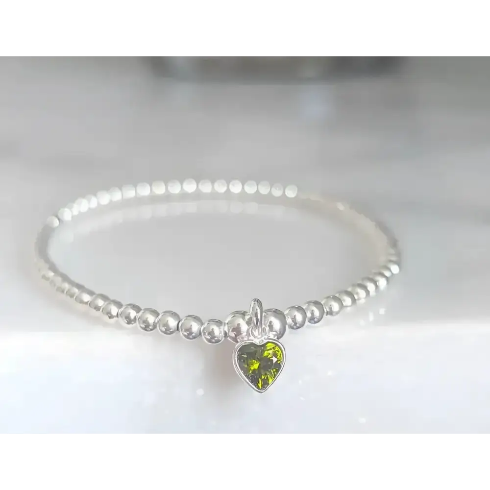 Sterling Silver August Peridot Heart Birthstone Beaded Bracelet