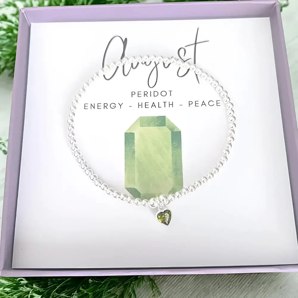 Sterling Silver August Peridot Heart Birthstone Beaded Bracelet