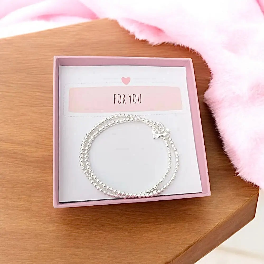 Sterling Silver Double Stretch Beaded Heart Bracelet Bracelets