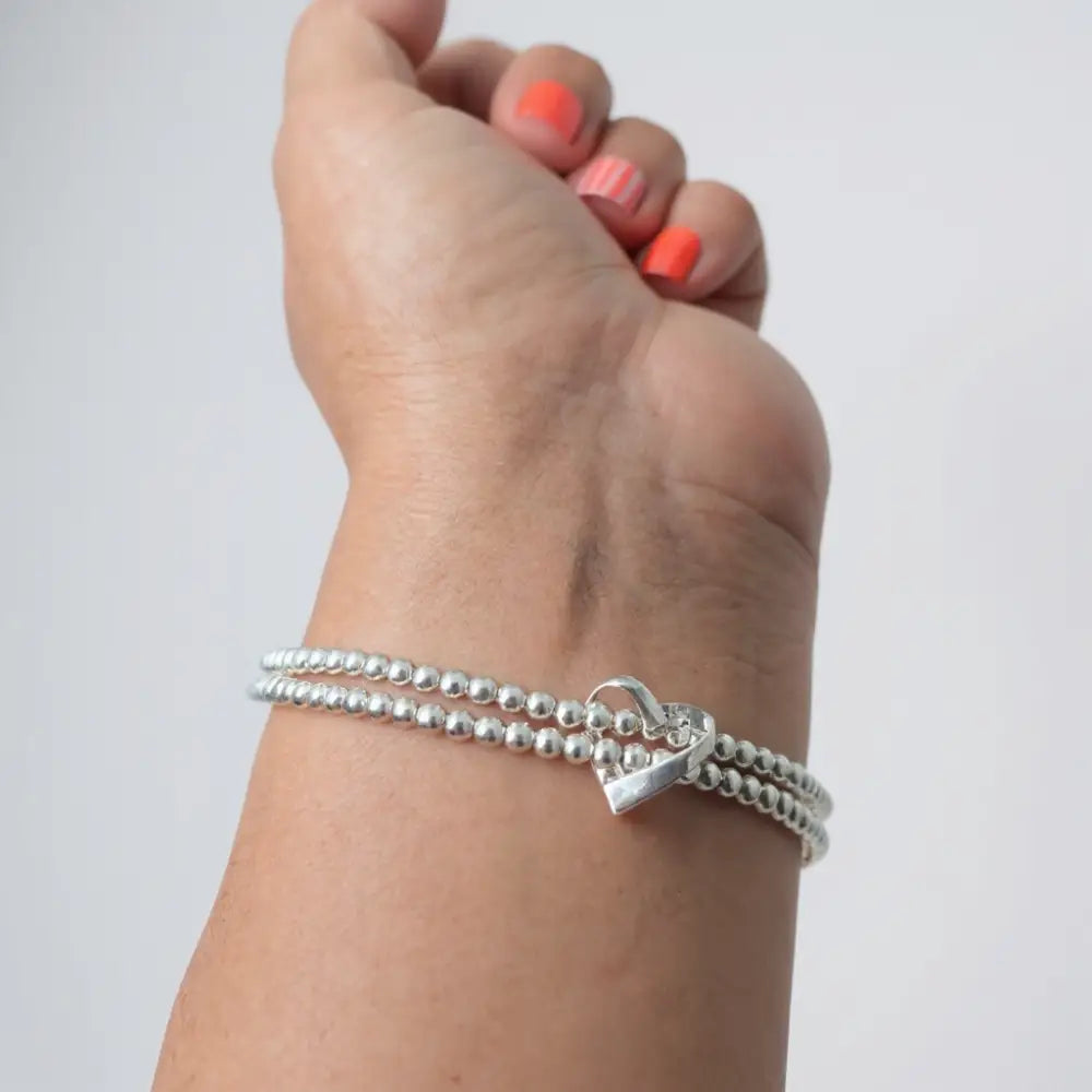 Sterling Silver Double Stretch Beaded Heart Bracelet Bracelets
