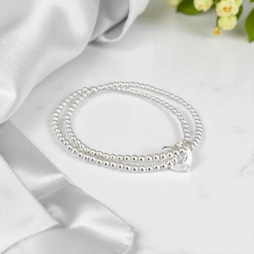 Sterling Silver Double Stretch Beaded Heart Bracelet Bracelets