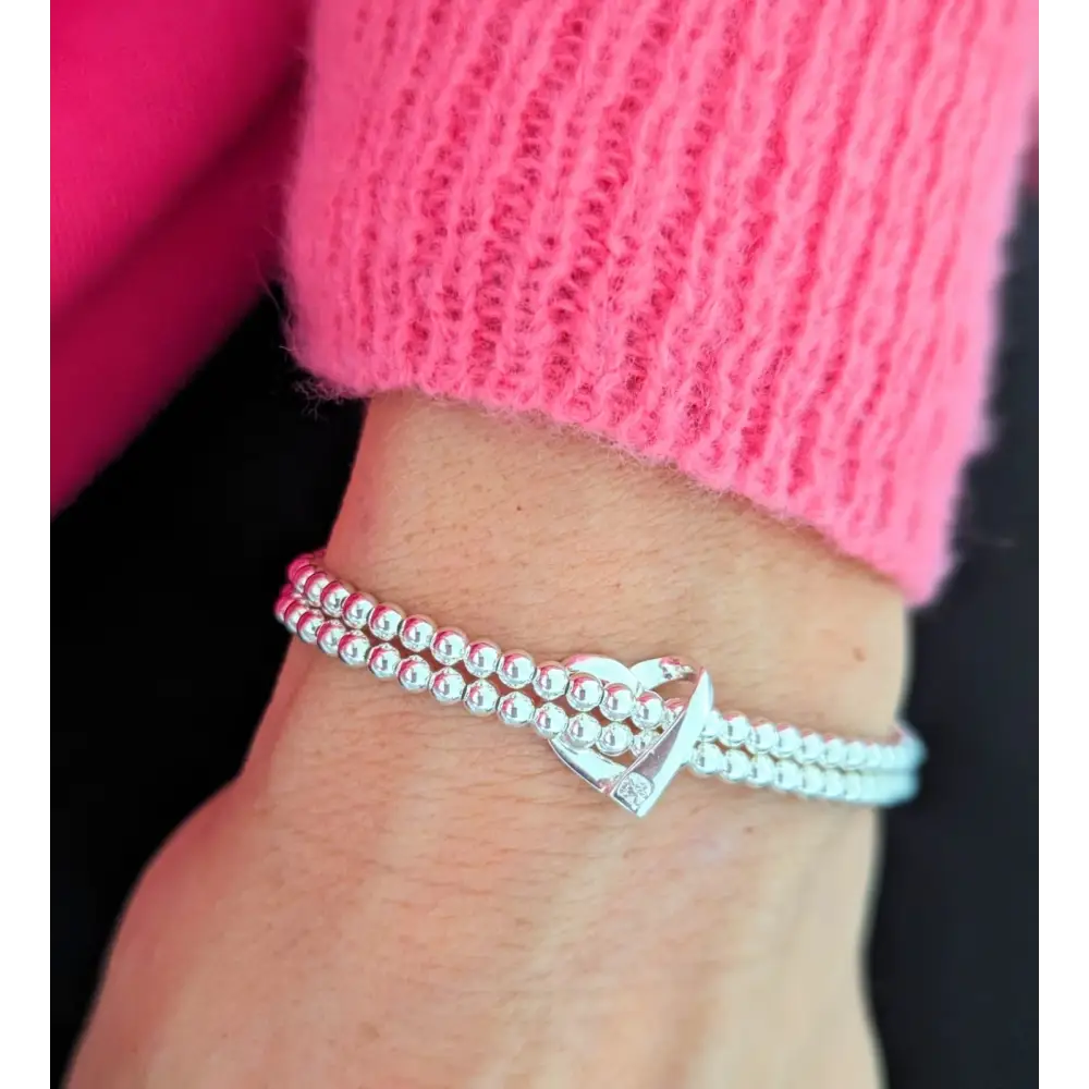 Sterling Silver Double Stretch Beaded Heart Bracelet With Love Jewellery UK