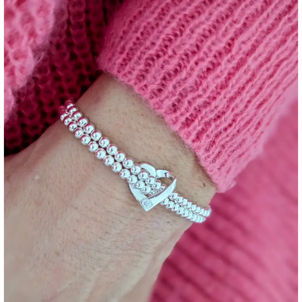 Sterling Silver Double Stretch Beaded Heart Bracelet With Love Jewellery UK