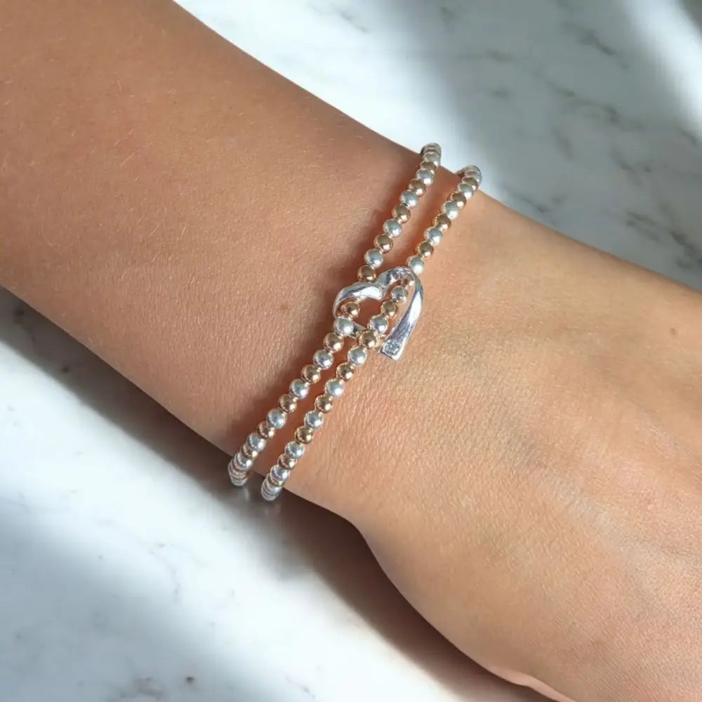 Sterling Silver Double Stretch Beaded Heart Bracelet - With CZ stone / Rose Gold and Silver bracelets - Bracelets