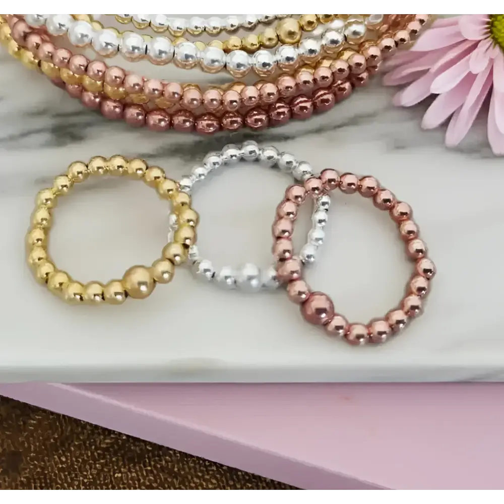 Sterling Silver Gold or Rose Gold Beaded Stretch Ring - ring