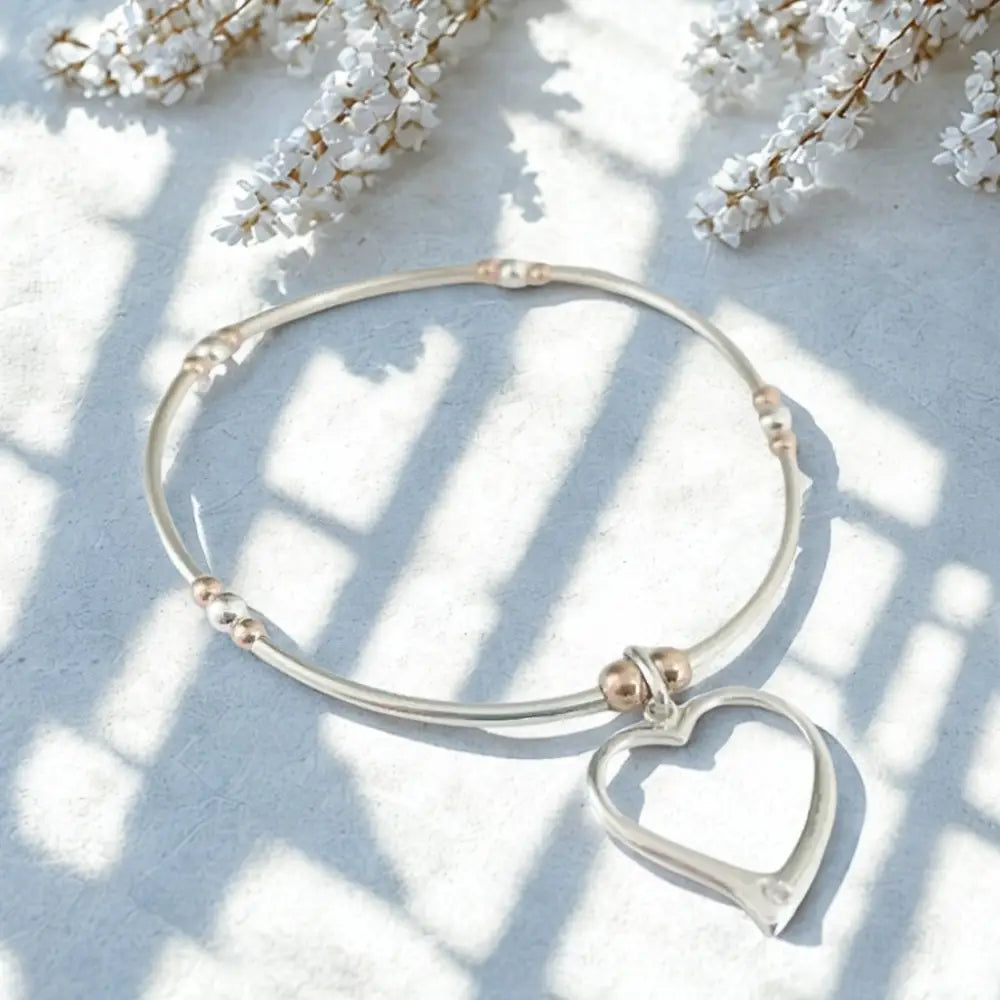 Sterling Silver Heart Beaded Noodle Stretch Bracelet