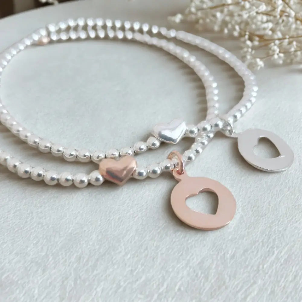 Sterling Silver or Rose Gold Heart Charm Bracelet - Bracelets