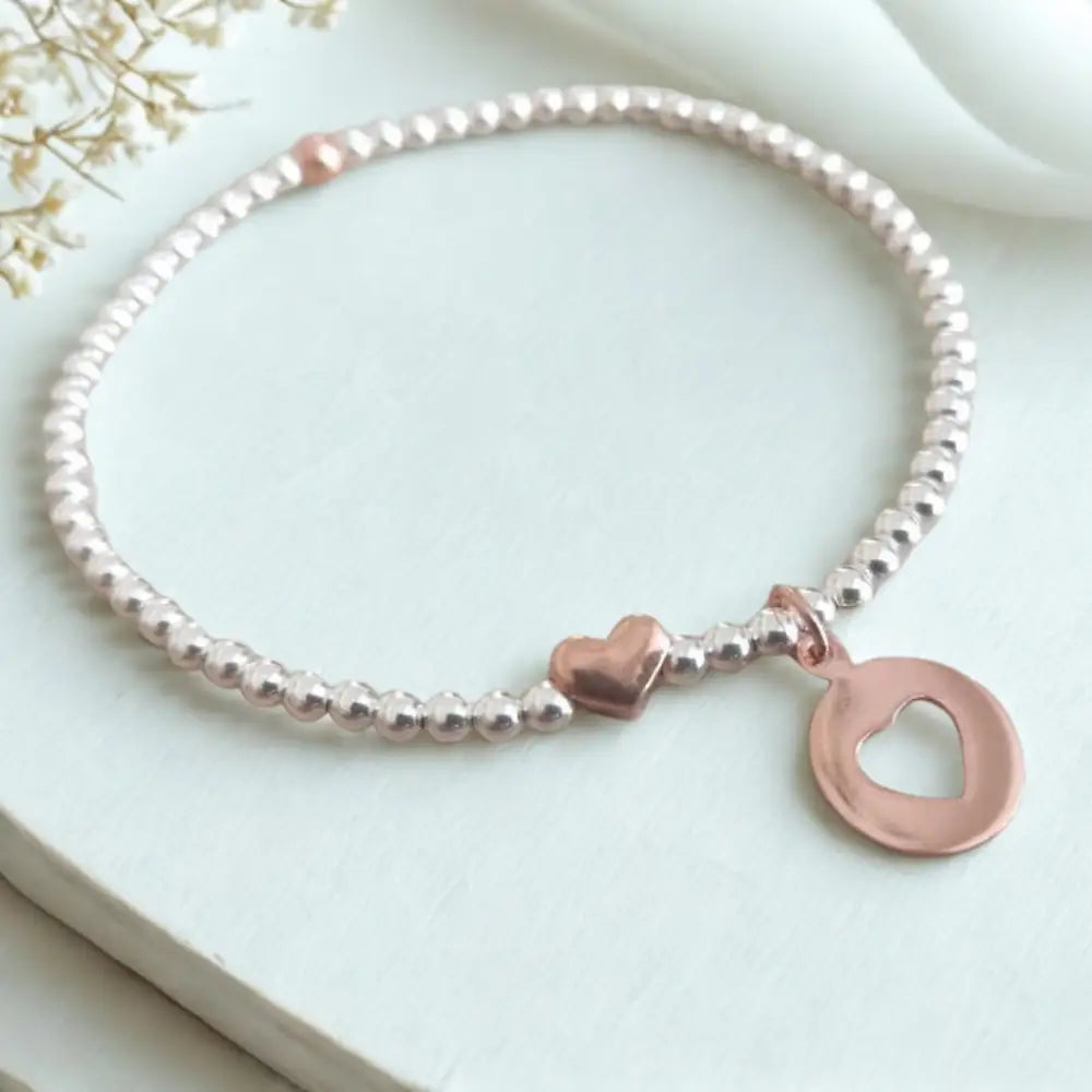 Sterling Silver or Rose Gold Heart Charm Bracelet - Bracelets