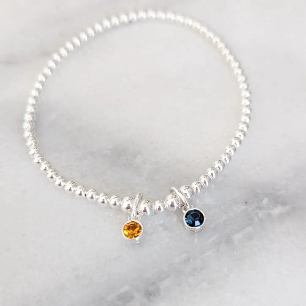 Sterling Silver Two Birthstone Family Beaded Stretch Bracelet - Bracelets