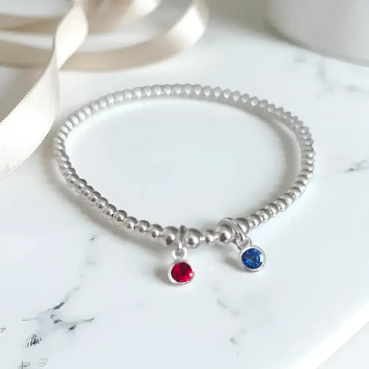 Sterling Silver Two Birthstone Family Beaded Stretch Bracelet Bracelets