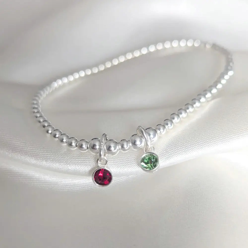 Sterling Silver Two Birthstone Family Beaded Stretch Bracelet - Bracelets