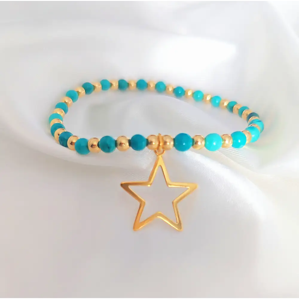 Turquoise Gold Vermeil Beaded Bracelet with Open Star Charm 4mm Beads Stretch Fit Gift Boxed