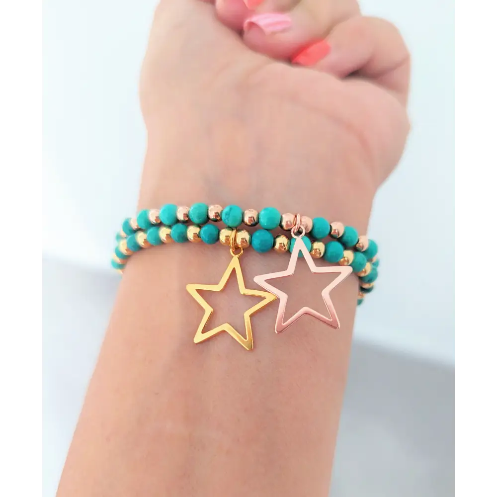Turquoise Gold Vermeil Beaded Bracelet with Open Star Charm 4mm Beads Stretch Fit Gift Boxed
