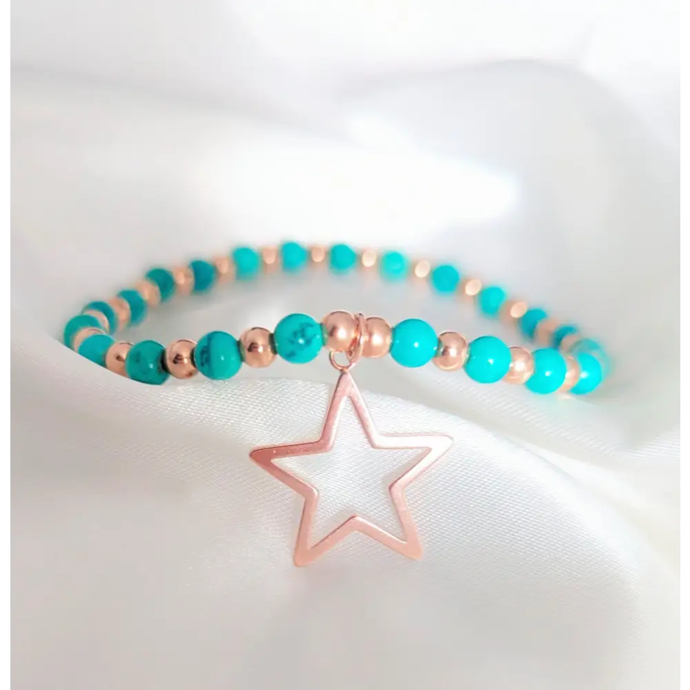 Turquoise Gold Vermeil Beaded Bracelet with Open Star Charm 4mm Beads Stretch Fit Gift Boxed
