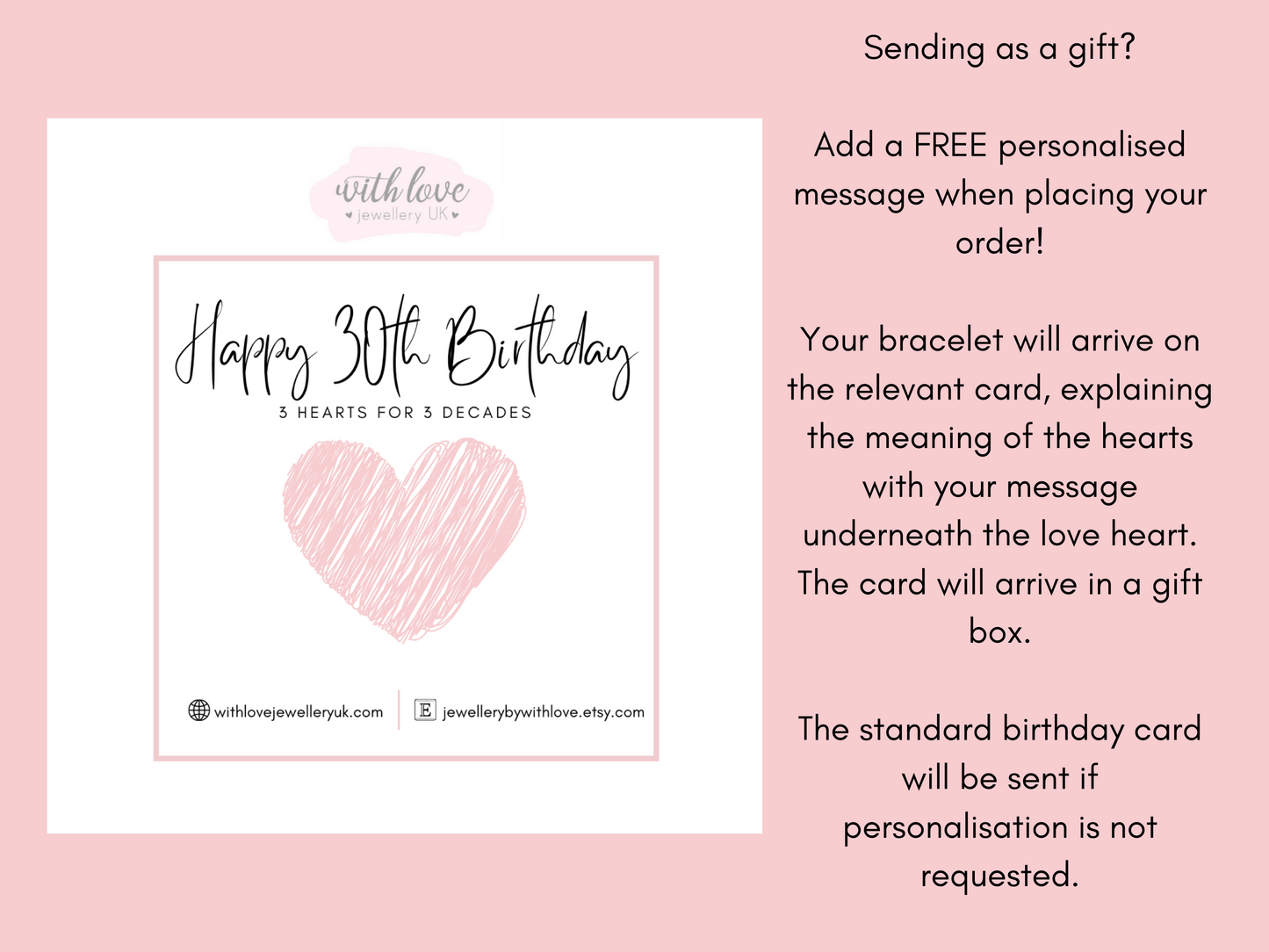 Sterling Silver Heart Birthday Bracelet (20th, 30th, 40th, 50th, 60th, 70th, 80th or 90th Birthday) FREE Personalised Message Card