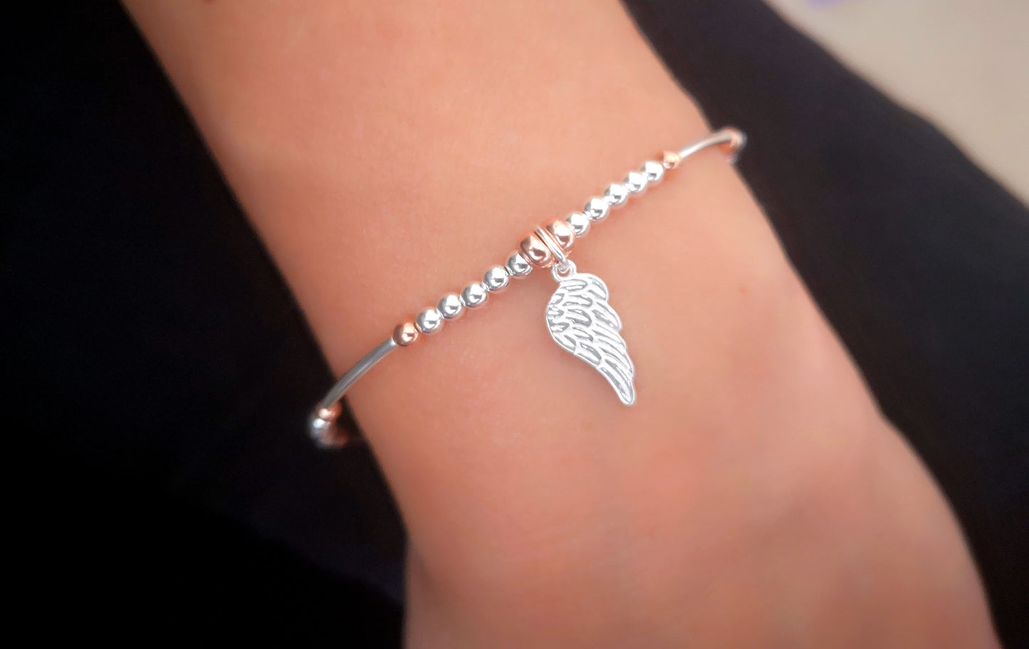 Single Angel Wing Beaded Bracelet With Love Jewellery UK