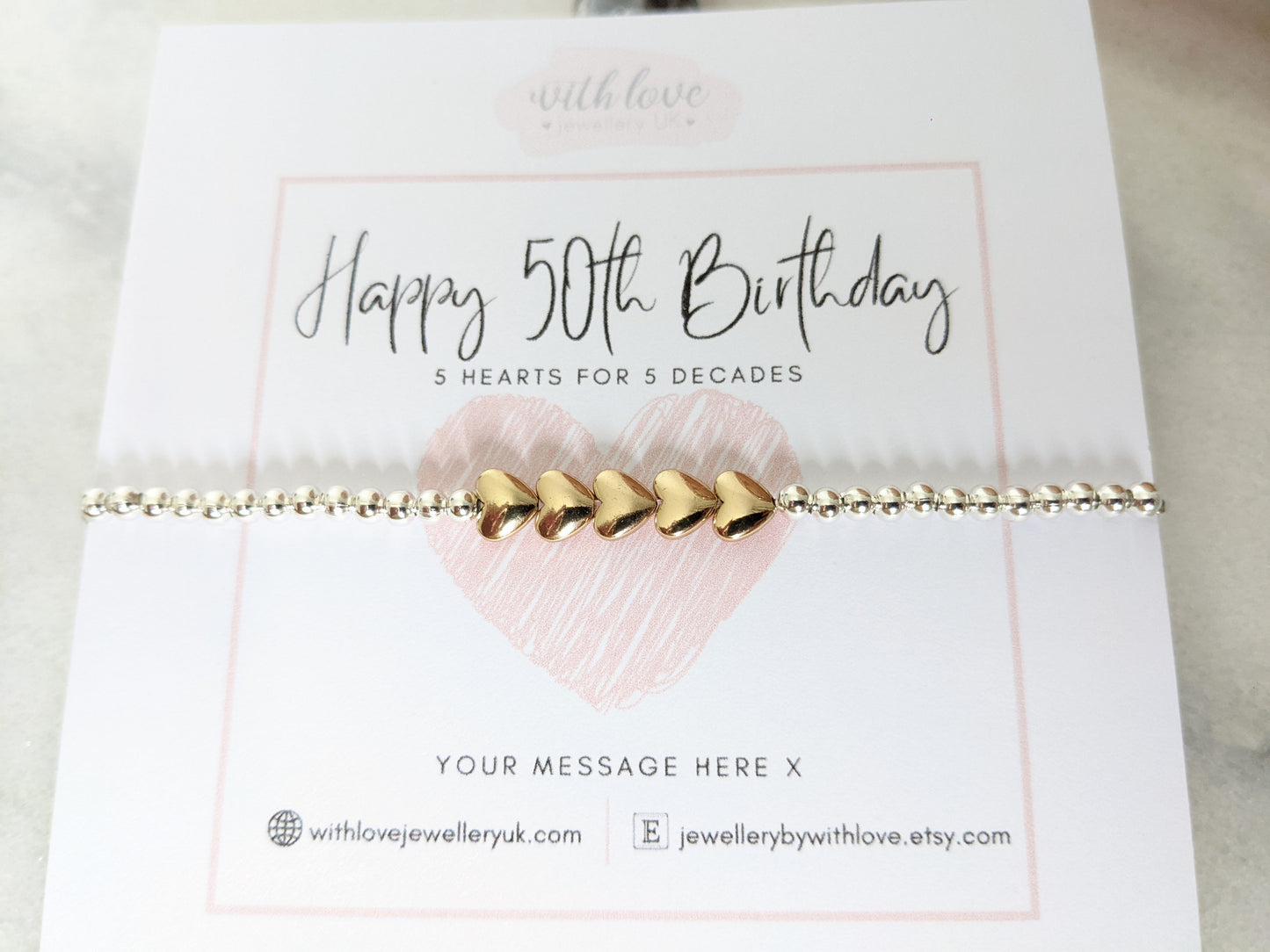 Heart Milestone Birthday Bracelet (20th, 30th, 40th, 50th, 60th, 70th, 80th or 90th birthday) FREE Personalised Message Card