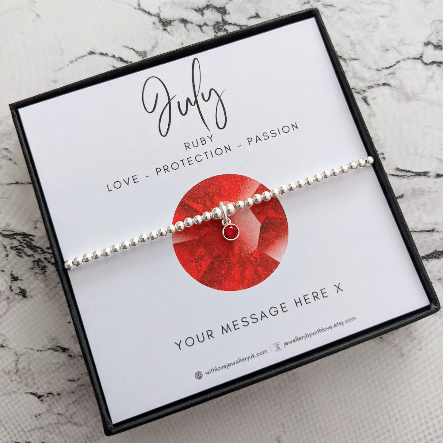 Sterling Silver July Birthday Bracelet (Ruby) With Love Jewellery UK