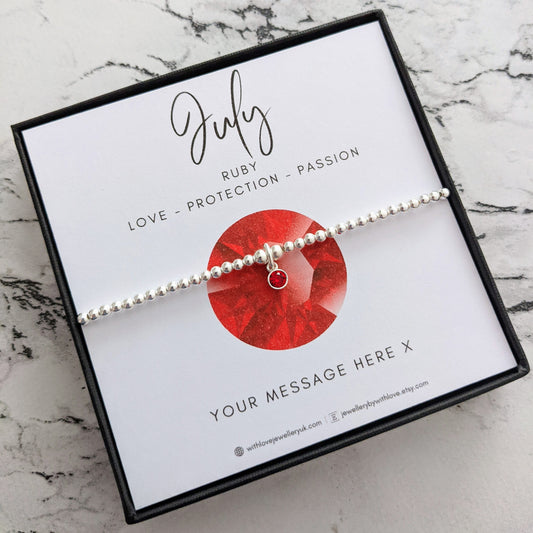 Sterling Silver July Birthday Bracelet (Ruby) - FREE Personalised Message Card