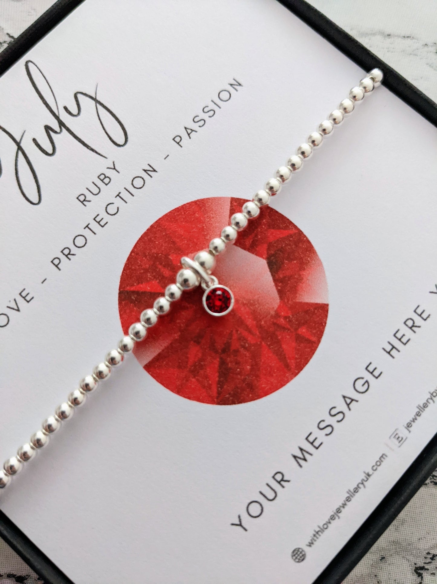 Sterling Silver July Birthday Bracelet (Ruby) - FREE Personalised Message Card