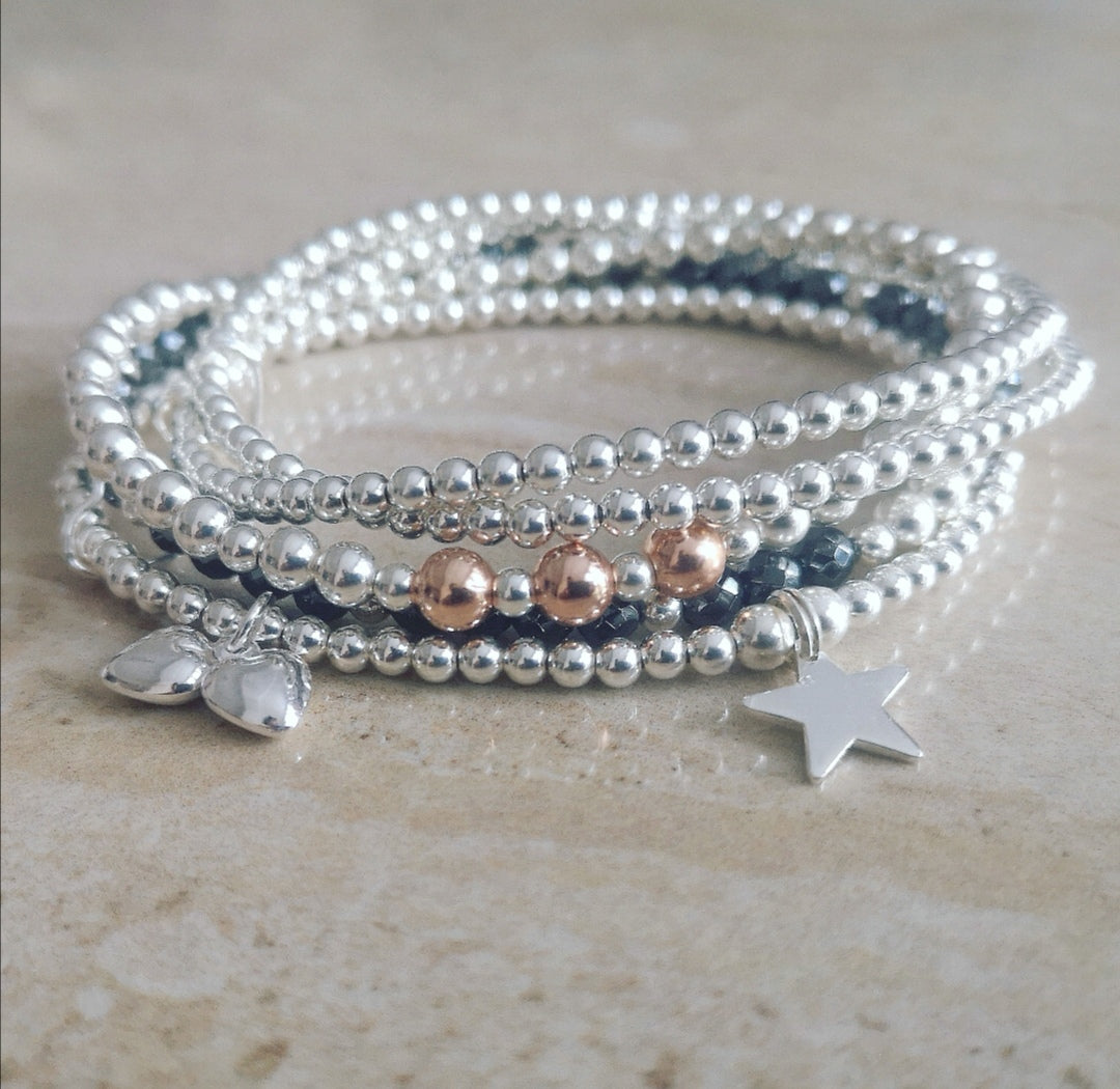 Personalised Sterling Silver and Hematite Stack Set With Love Jewellery UK