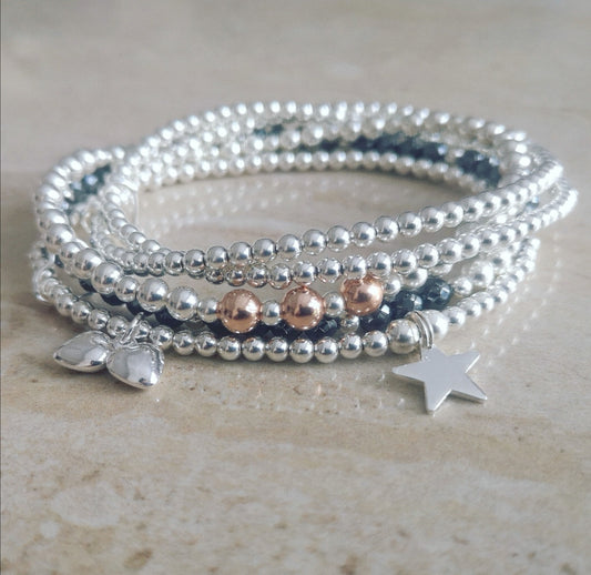 Personalised Sterling Silver and Hematite Stack Set With Love Jewellery UK