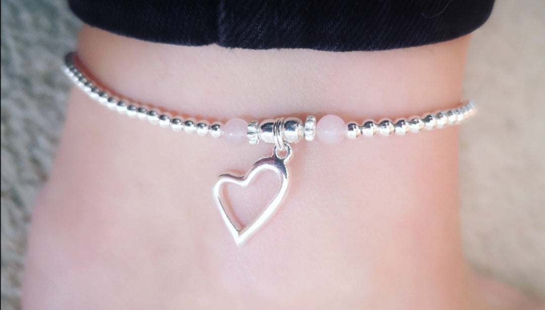 Rose Quartz Open Heart Bracelet/Anklet With Love Jewellery UK