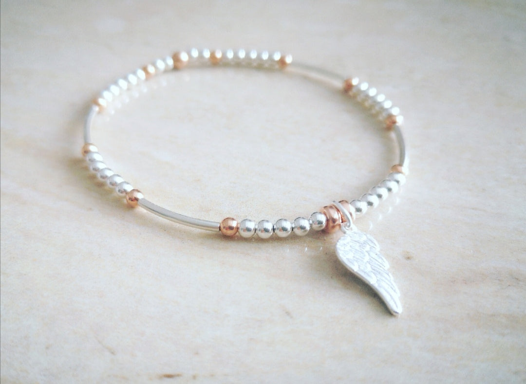 Single Angel Wing Beaded Bracelet With Love Jewellery UK