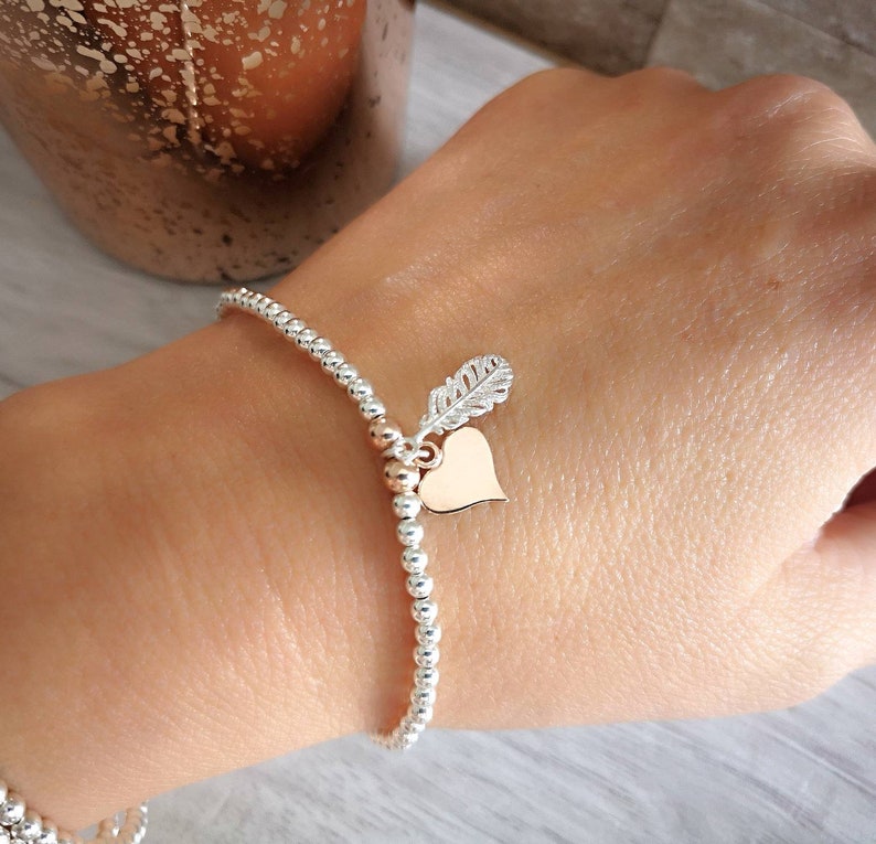 Personalised Sterling Silver Feather & Heart Bracelet With Love Jewellery UK