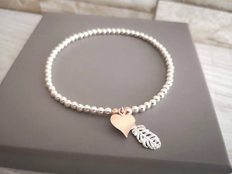 Personalised Sterling Silver Feather & Heart Bracelet With Love Jewellery UK