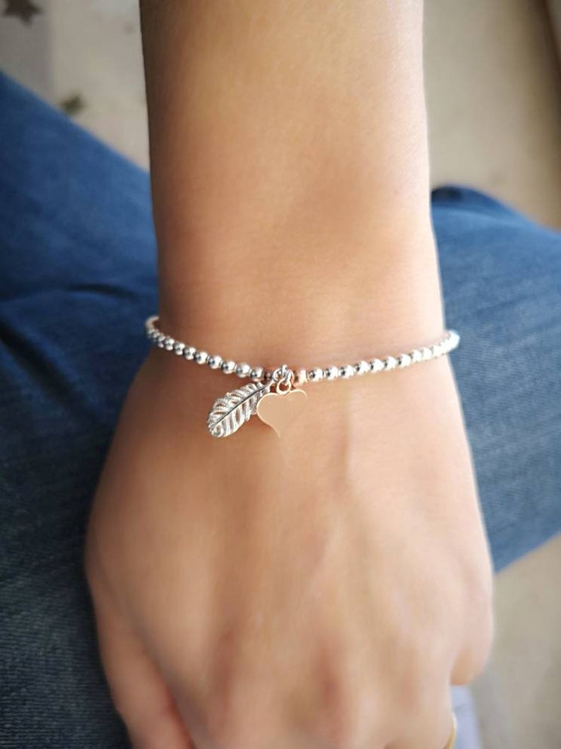 Personalised Sterling Silver Feather & Heart Bracelet With Love Jewellery UK