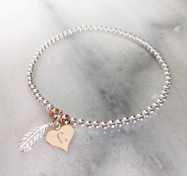 Personalised Sterling Silver Feather & Heart Bracelet With Love Jewellery UK