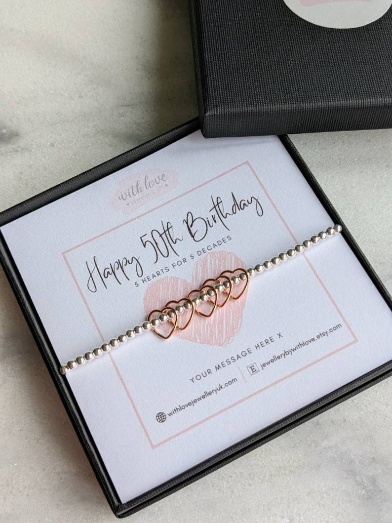 Sterling Silver Rose Gold Heart Birthday Bracelet (20th, 30th, 40th, 50th, 60th, 70th, 80th or 90th birthday) FREE Personalised Message Card