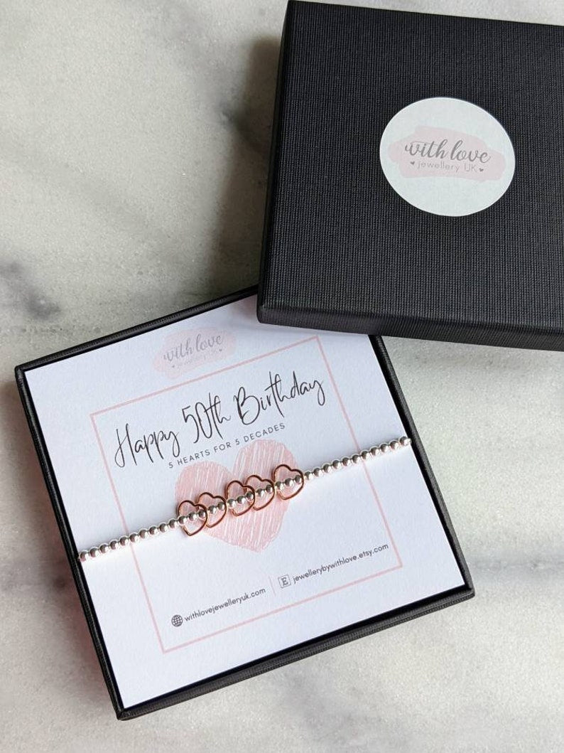 Sterling Silver Rose Gold Heart Birthday Bracelet (20th, 30th, 40th, 50th, 60th, 70th, 80th or 90th birthday) FREE Personalised Message Card