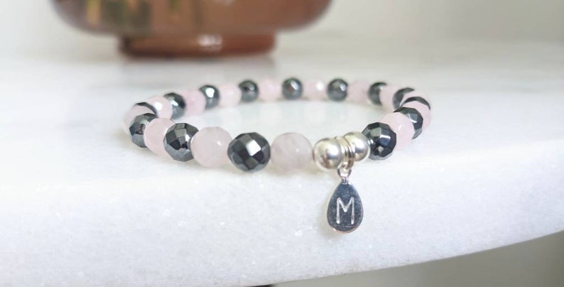 Personalised Initial Rose Quartz & Hematite Beaded Stretch Bracelet With Love Jewellery UK