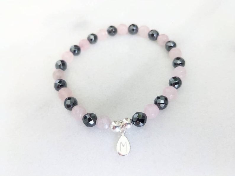 Personalised Initial Rose Quartz & Hematite Beaded Stretch Bracelet With Love Jewellery UK