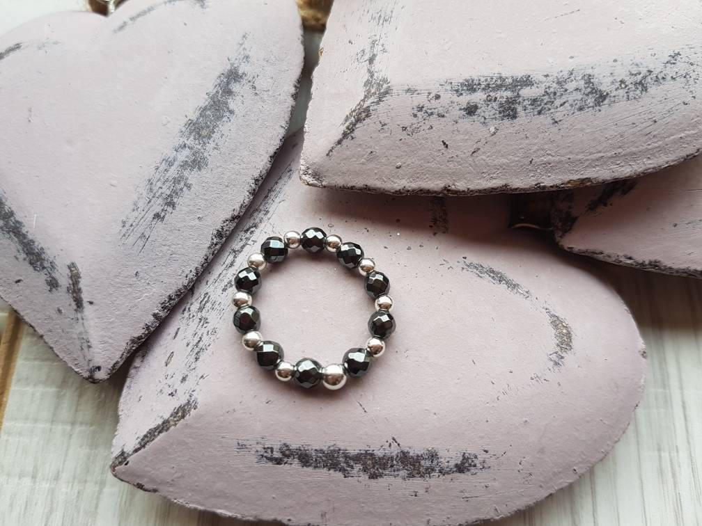 Sterling Silver and Hematite Stretch Ring With Love Jewellery UK