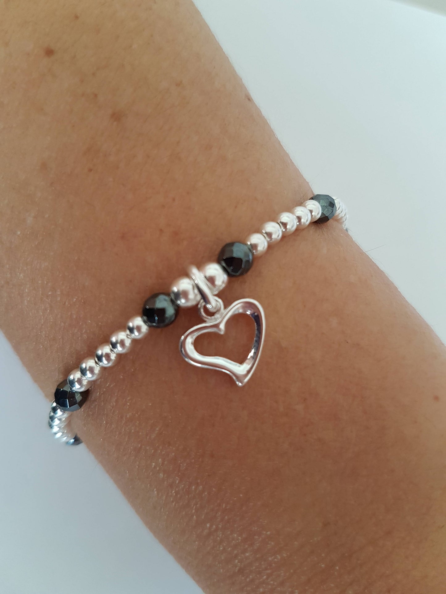 Sterling Silver and Hematite Heart Bracelet - With Love Jewellery UK