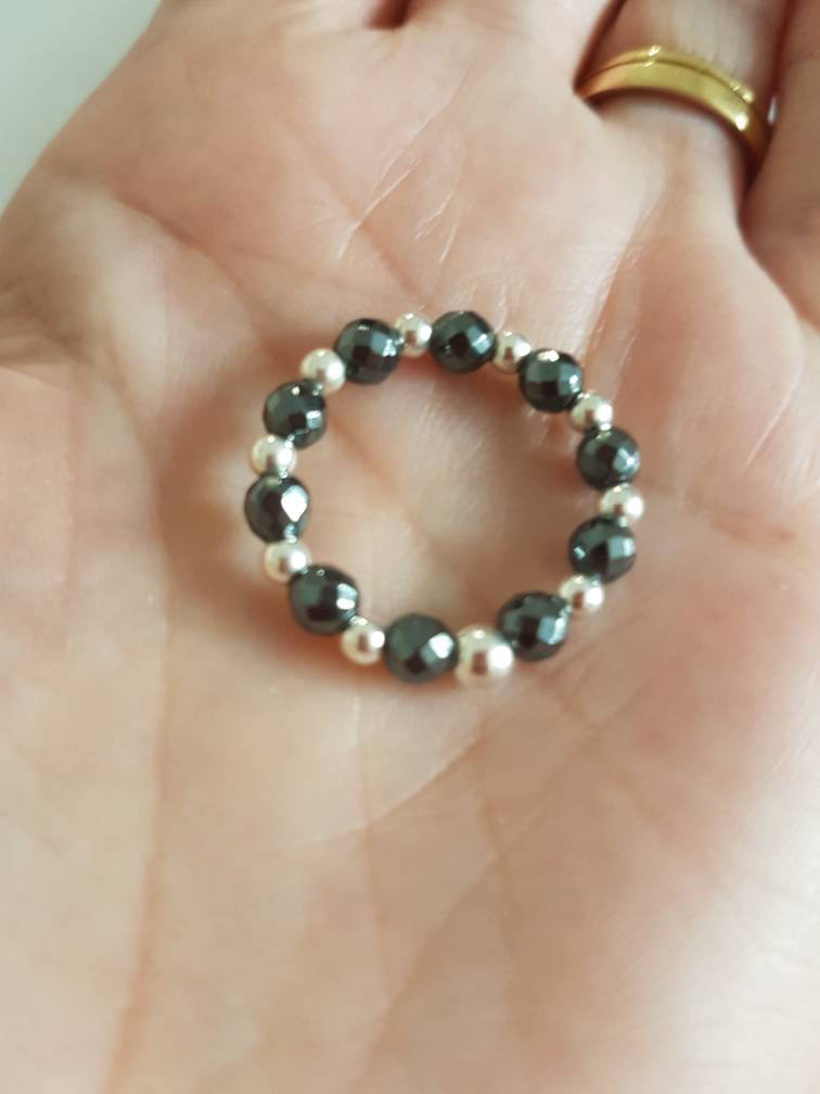 Sterling Silver and Hematite Stretch Ring With Love Jewellery UK