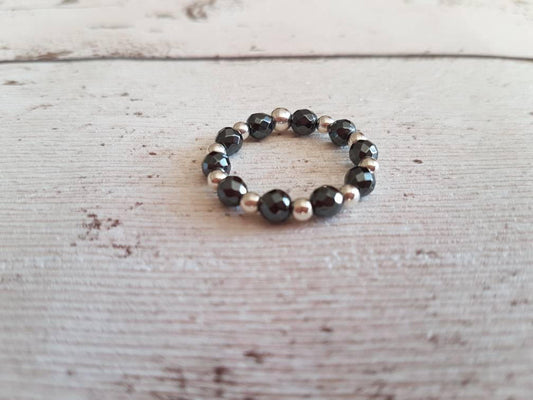 Sterling Silver and Hematite Stretch Ring With Love Jewellery UK