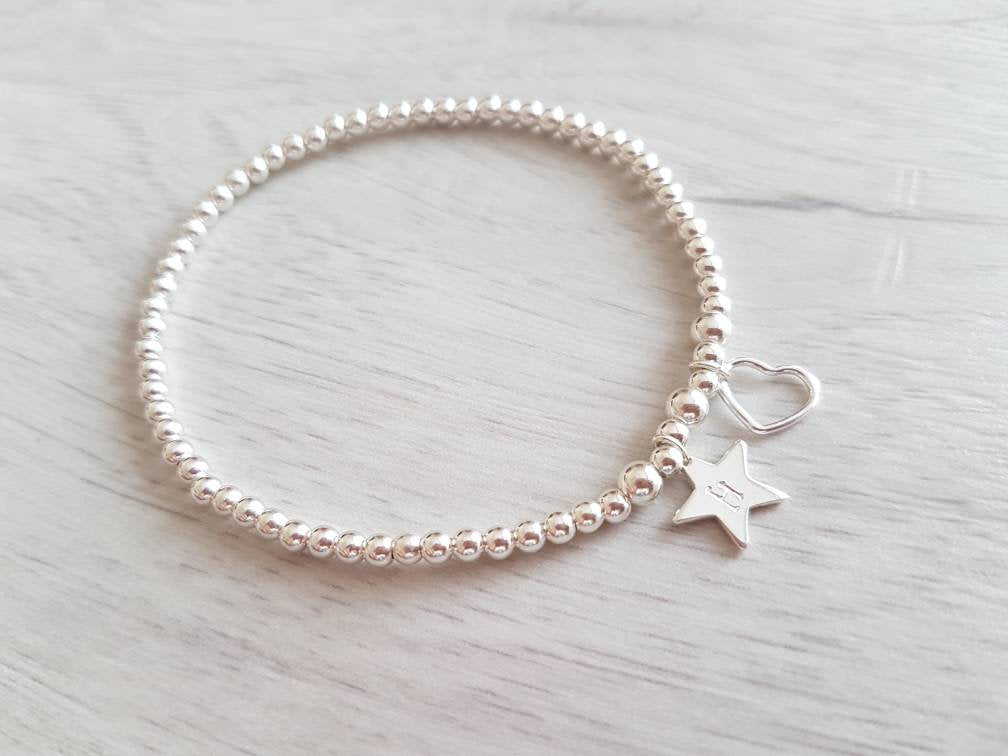 Personalised Initial Sterling Silver Star Bracelet With Love Jewellery UK