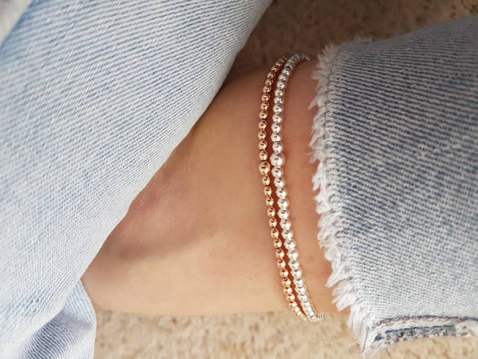 Rose Gold Beaded Stretch Anklet With Love Jewellery UK