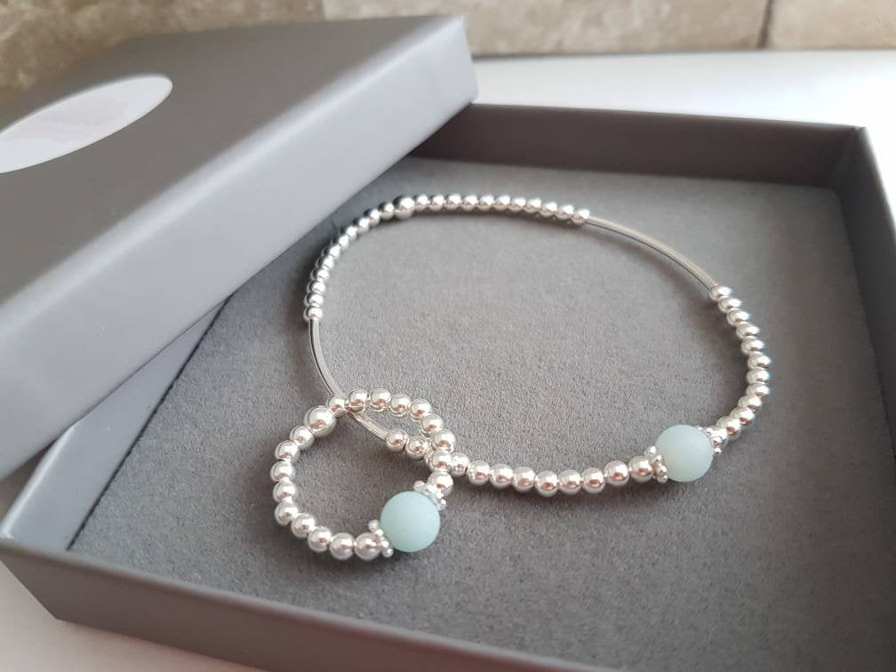 Sterling Silver Amazonite Stone Bracelet With Love Jewellery UK