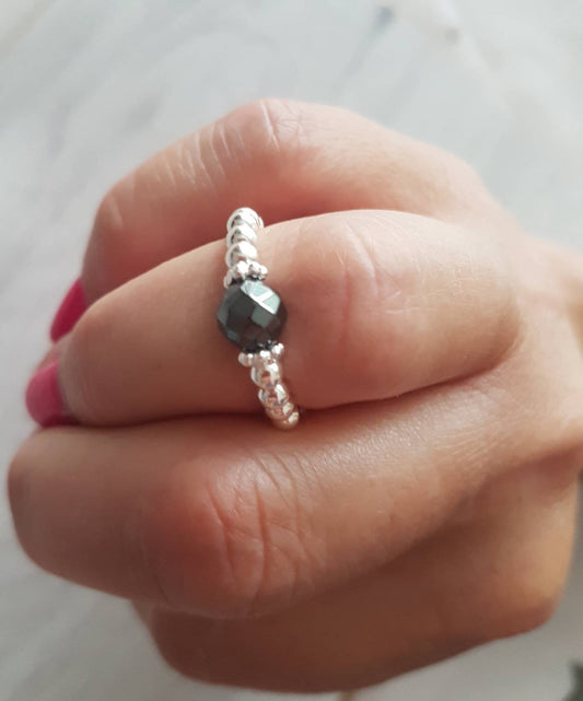 Sterling Silver and Hematite Stretch Ring With Love Jewellery UK