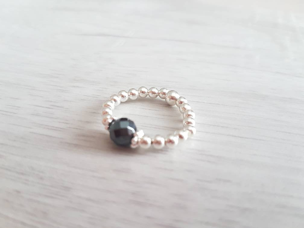 Sterling Silver and Hematite Stretch Ring - With Love Jewellery UK