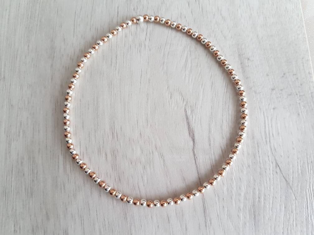 Rose Gold and Sterling Silver Beaded Stretch Anklet - With Love Jewellery UK
