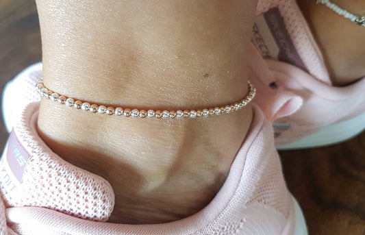 Rose Gold and Sterling Silver Beaded Stretch Anklet With Love Jewellery UK