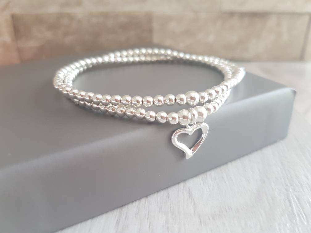 Sterling Silver Double Heart Beaded Stretch Bracelet With Love Jewellery UK